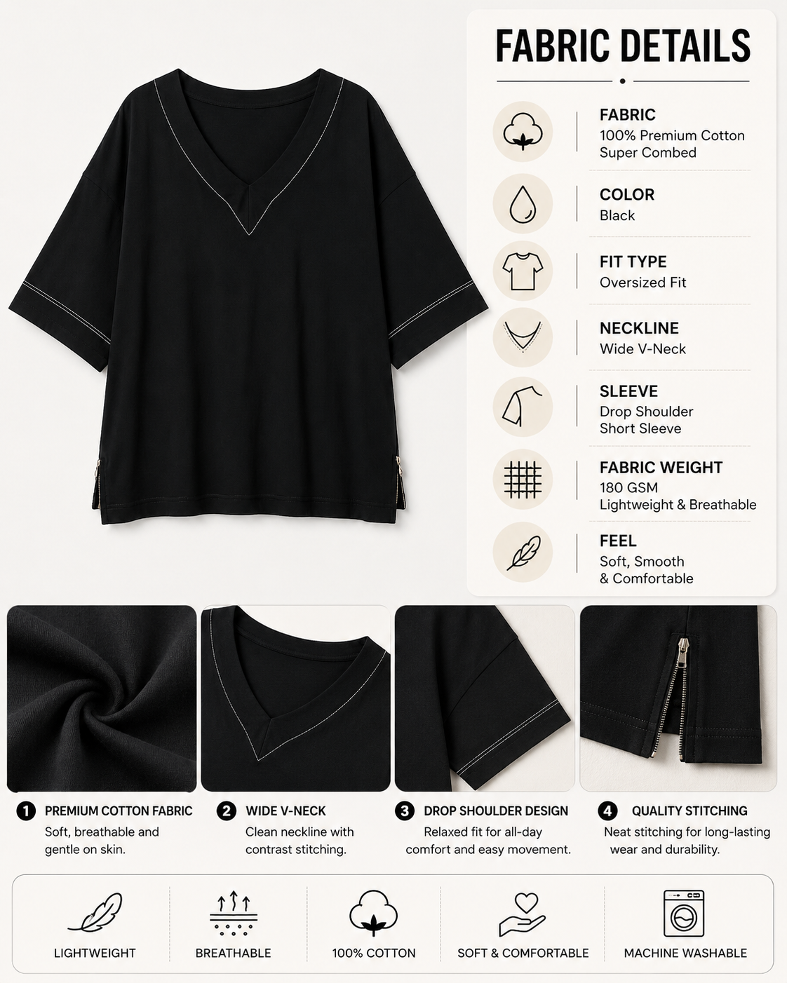 Styloraa Black Oversized V-Neck T-Shirt
