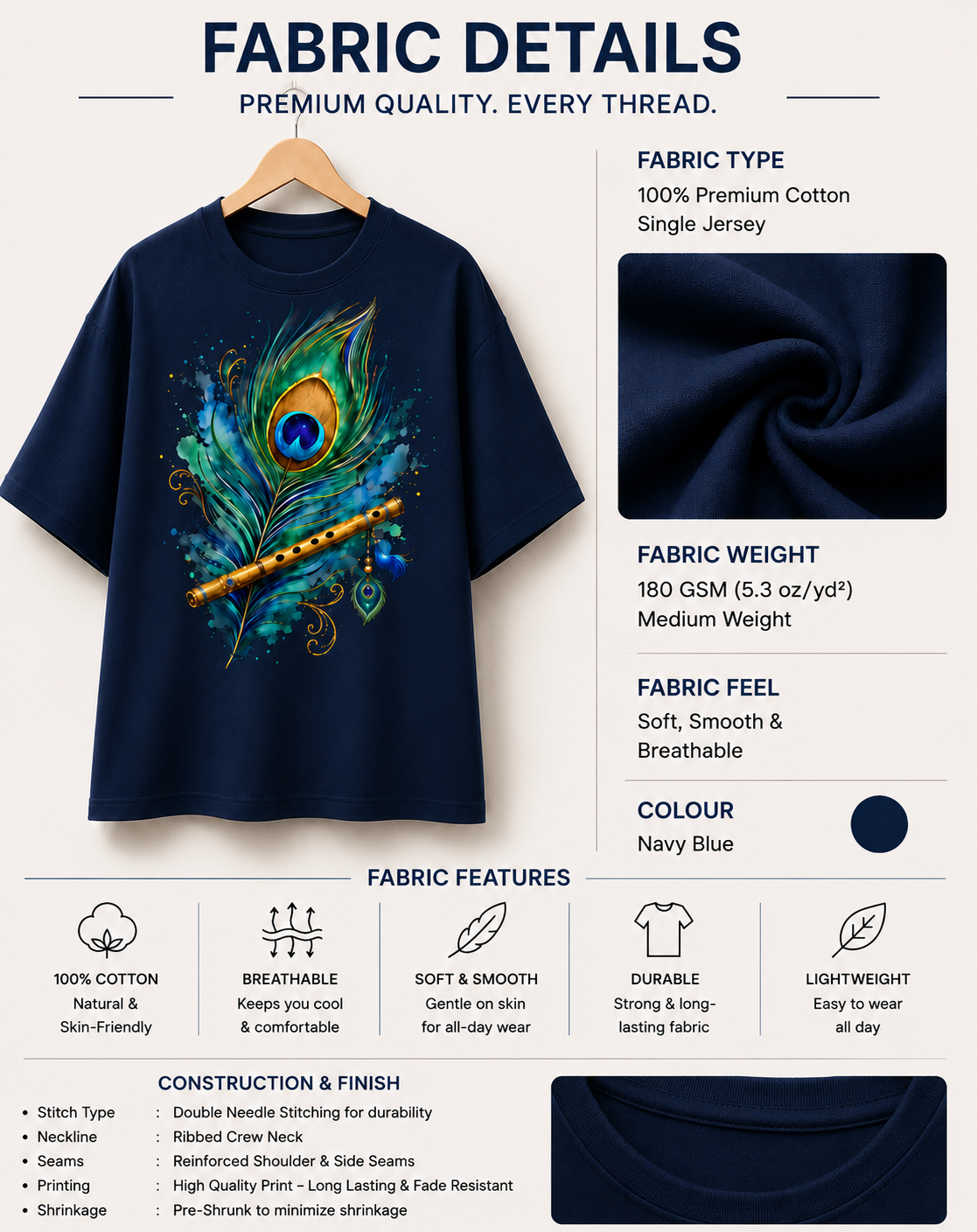 Styloraa Navy Blue Oversized Krishna Feather Graphic T-Shirt