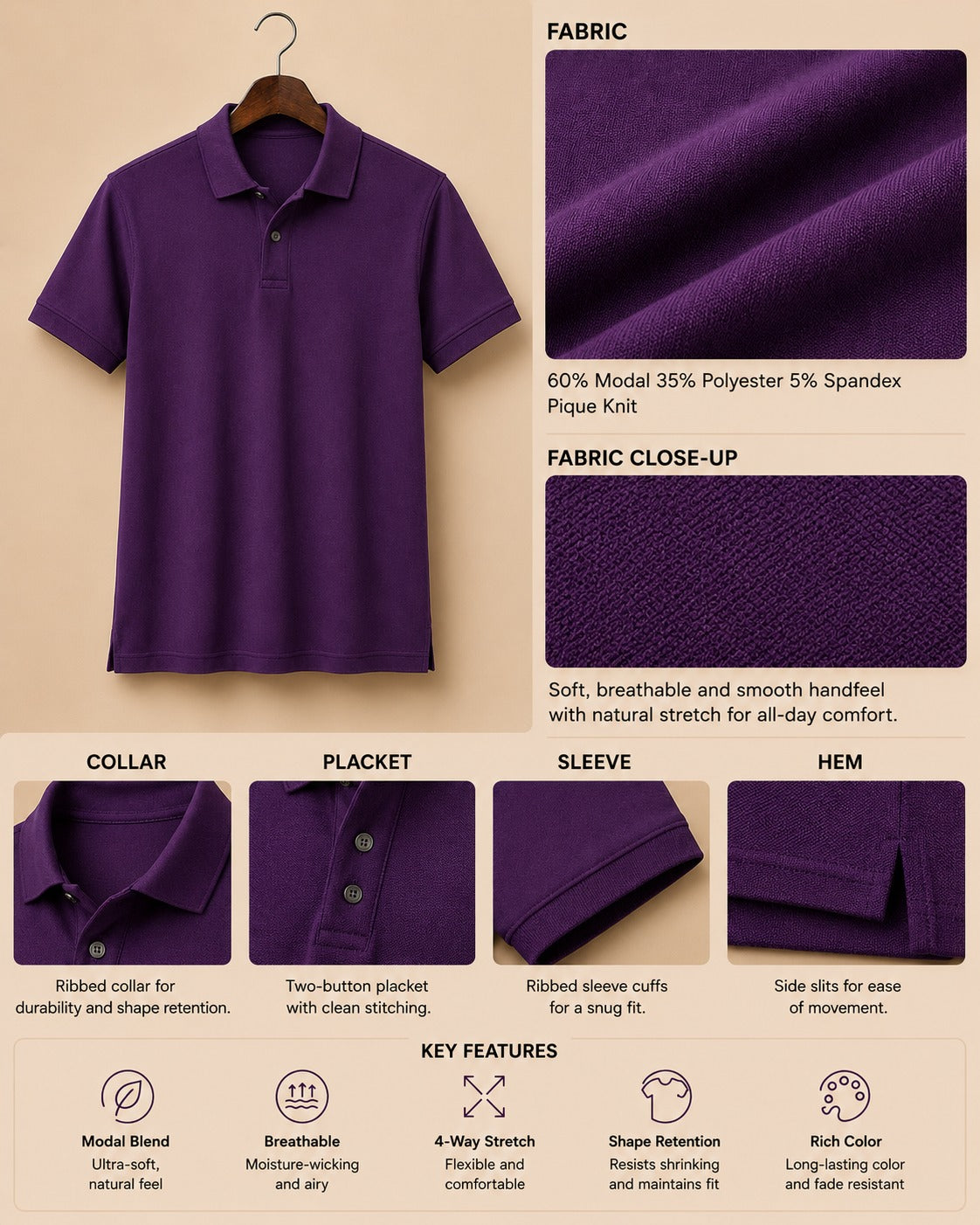 Royal Purple Smart Polo T-Shirt