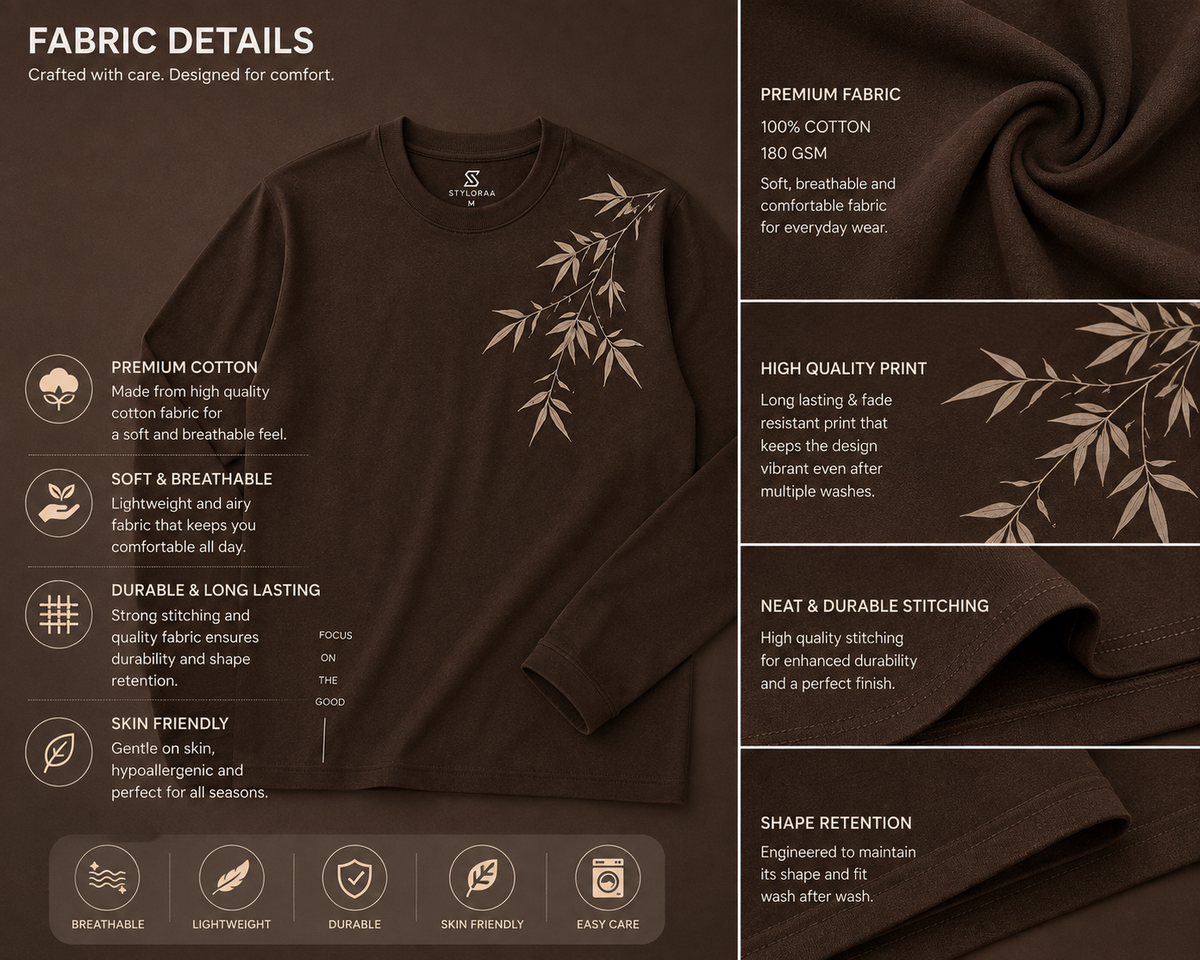 Earthy Brown Bamboo Leaf Minimalist Long Sleeve T-Shirt