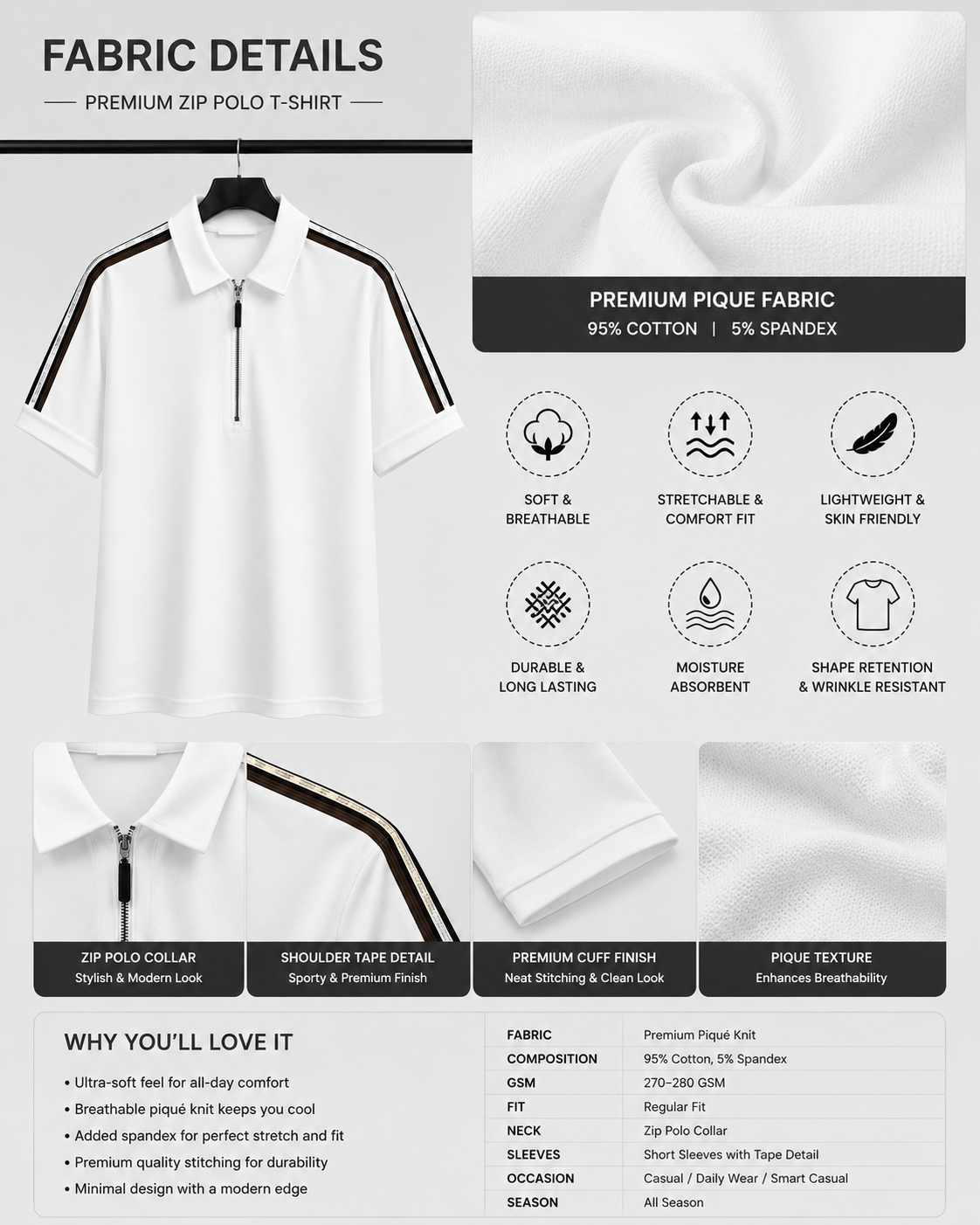 Heritage Zip Polo T-Shirt – Ivory White