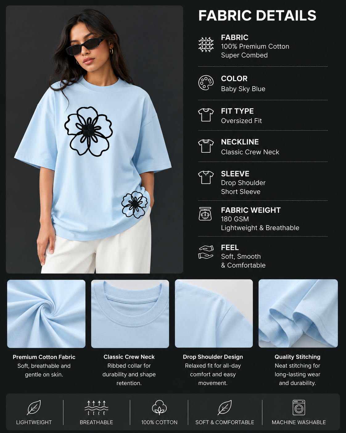 Styloraa Baby Sky Blue Oversized Flower Print T-Shirt