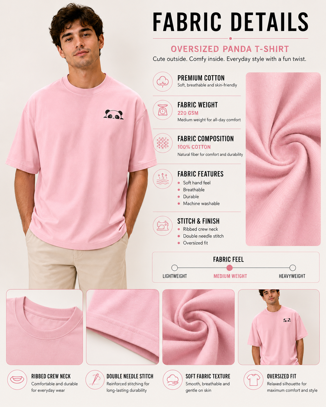 Baby Pink Panda Drop Shoulder T-Shirt
