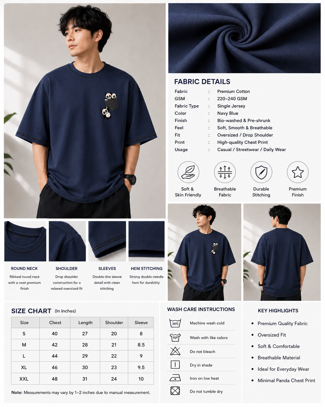 Navy Blue Panda Pocket Oversized T-Shirt