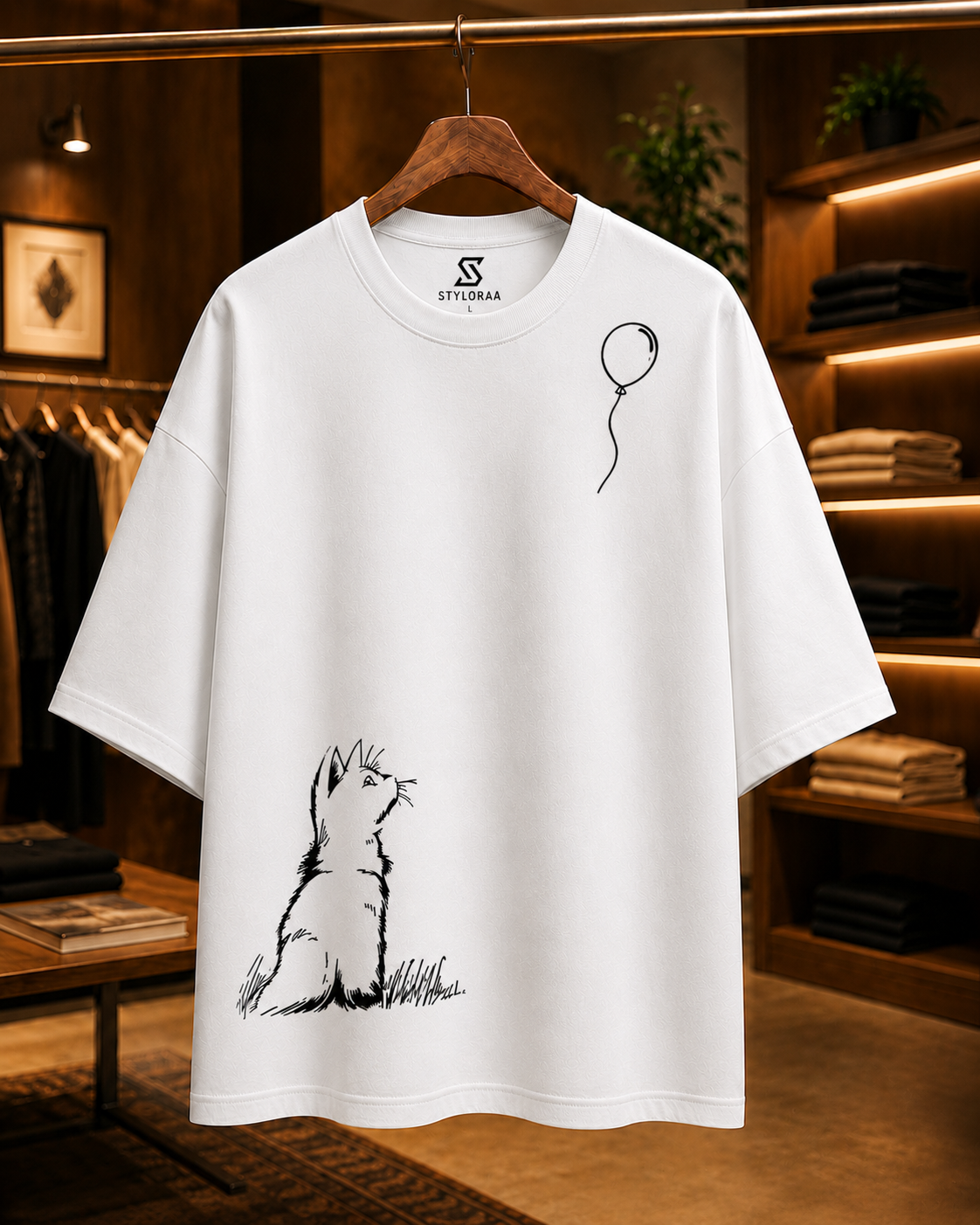 Styloraa White Oversized Cat Balloon Graphic T-Shirt