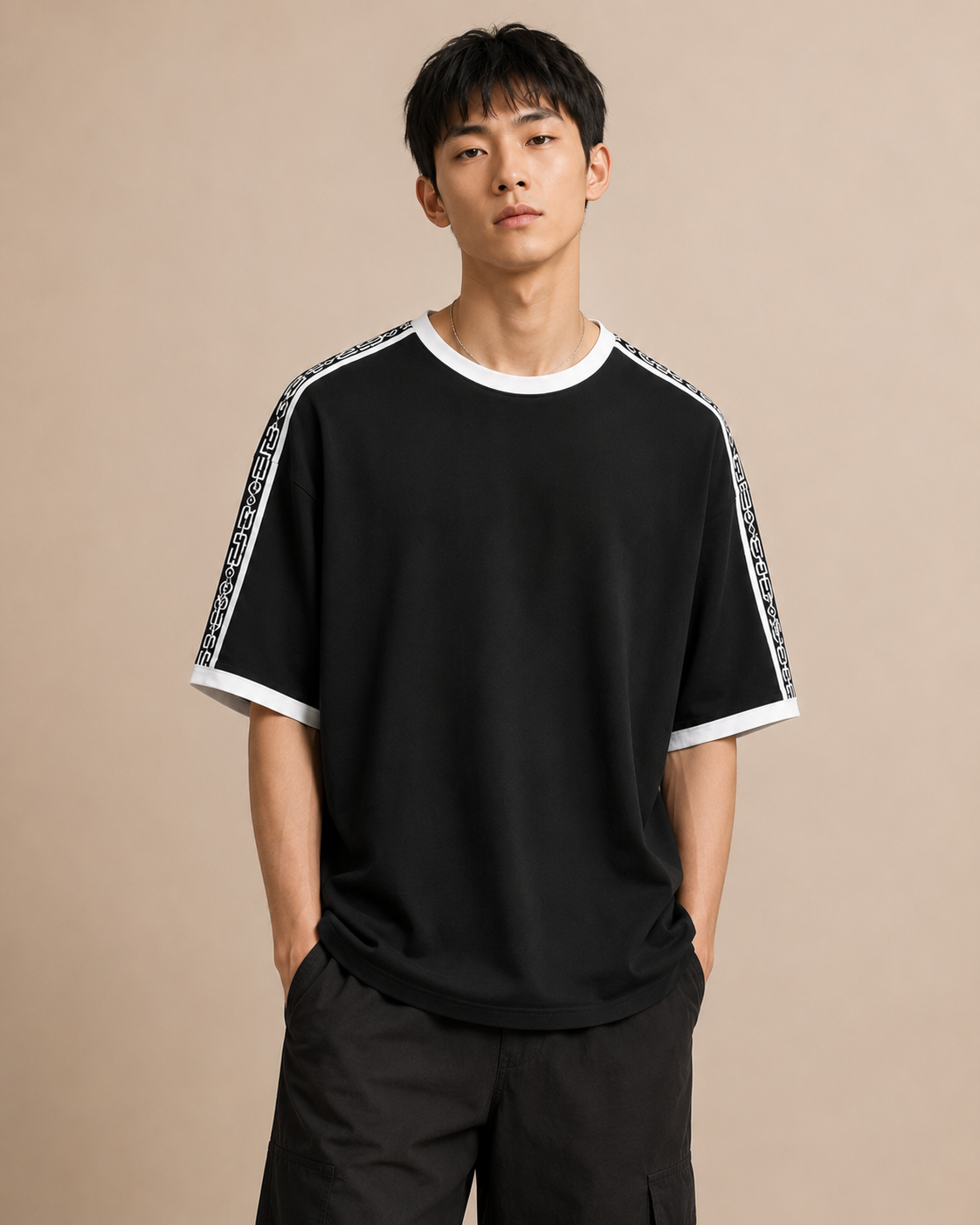 Styloraa Black & White Oversized Tape Shoulder T-Shirt