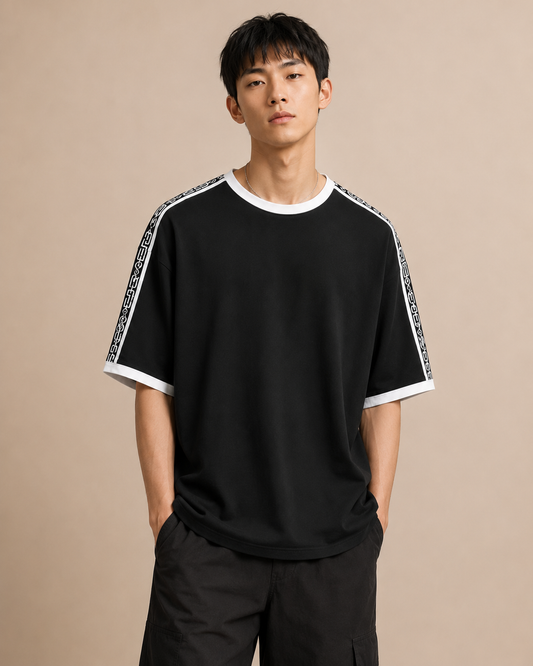 Styloraa Black & White Oversized Tape Shoulder T-Shirt