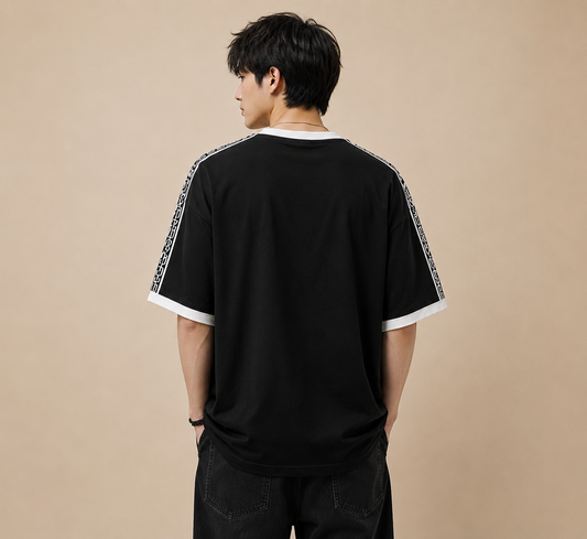 Styloraa Black & White Oversized Tape Shoulder T-Shirt