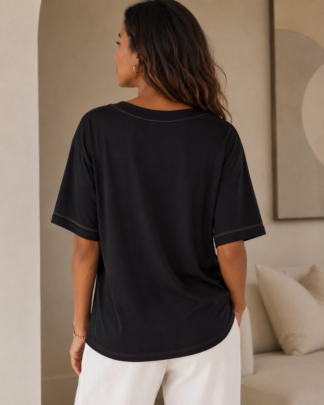 Styloraa Black Oversized V-Neck T-Shirt
