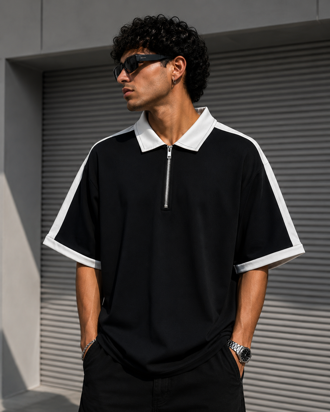Styloraa Matte Black Oversized Half-Zip Polo T-Shirt