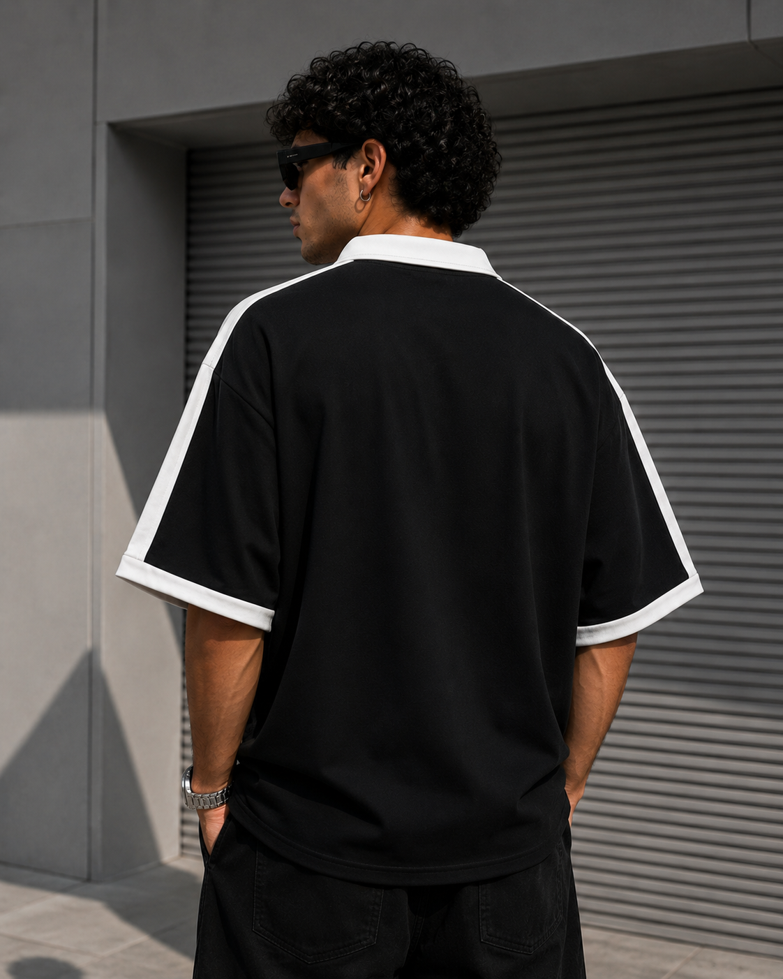 Styloraa Matte Black Oversized Half-Zip Polo T-Shirt