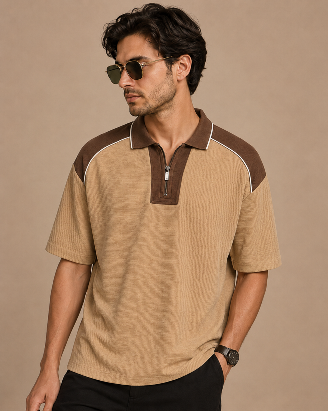 Sand Beige Contrast Half-Zip Oversized Polo T-Shirt
