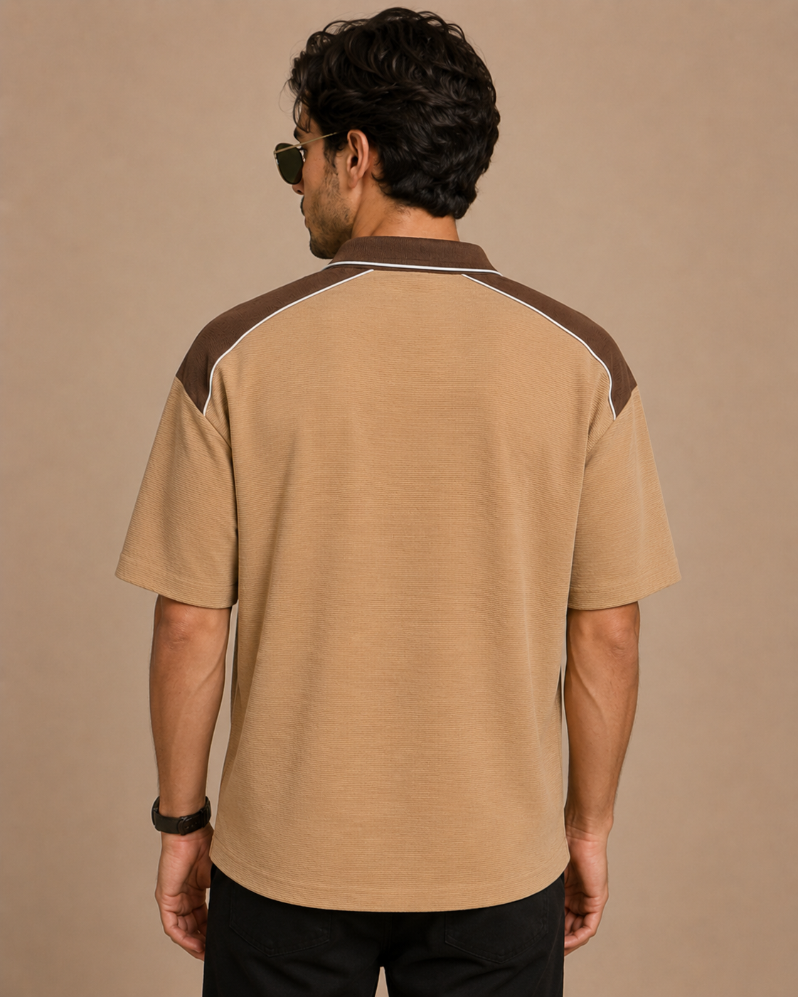 Sand Beige Contrast Half-Zip Oversized Polo T-Shirt