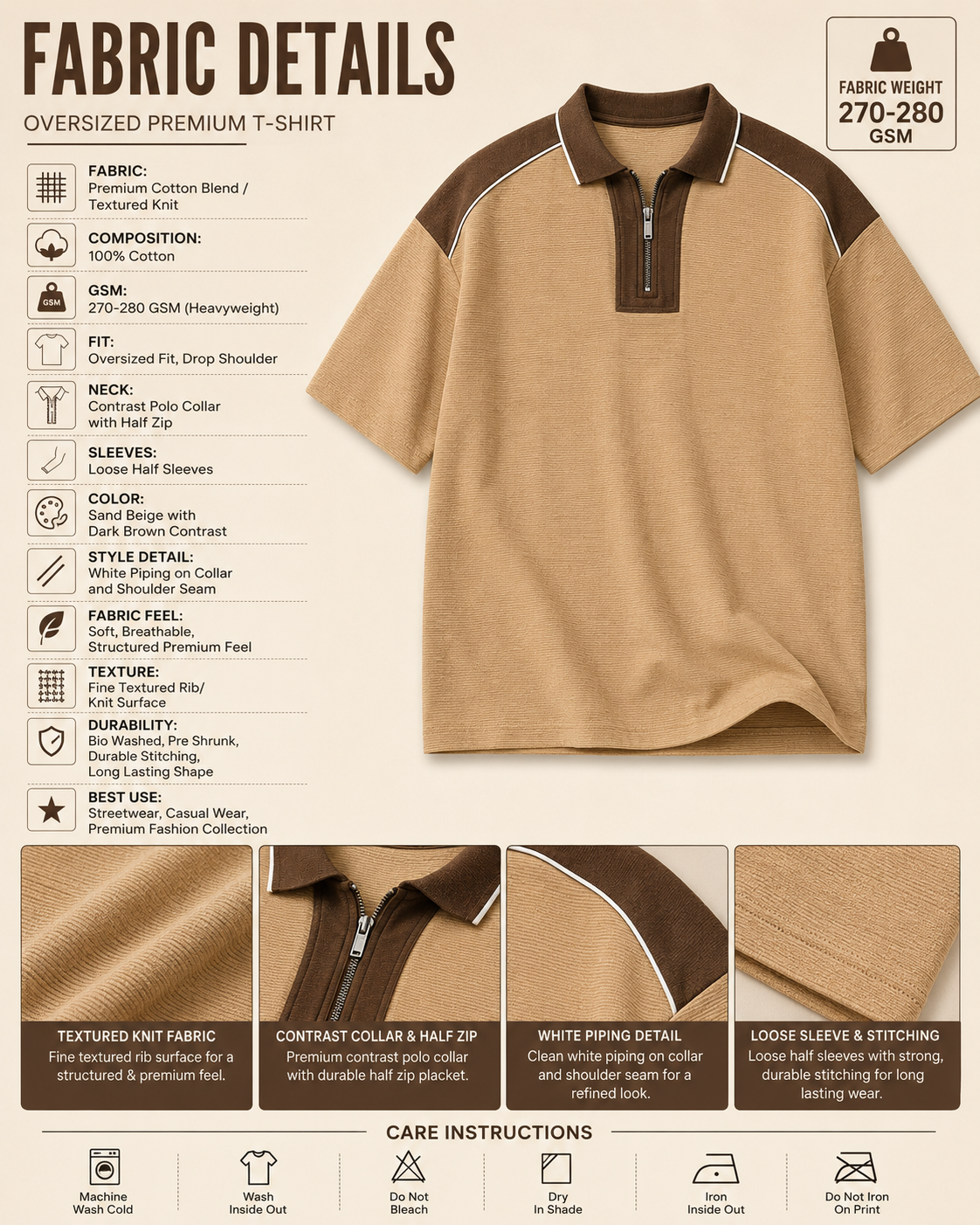 Sand Beige Contrast Half-Zip Oversized Polo T-Shirt