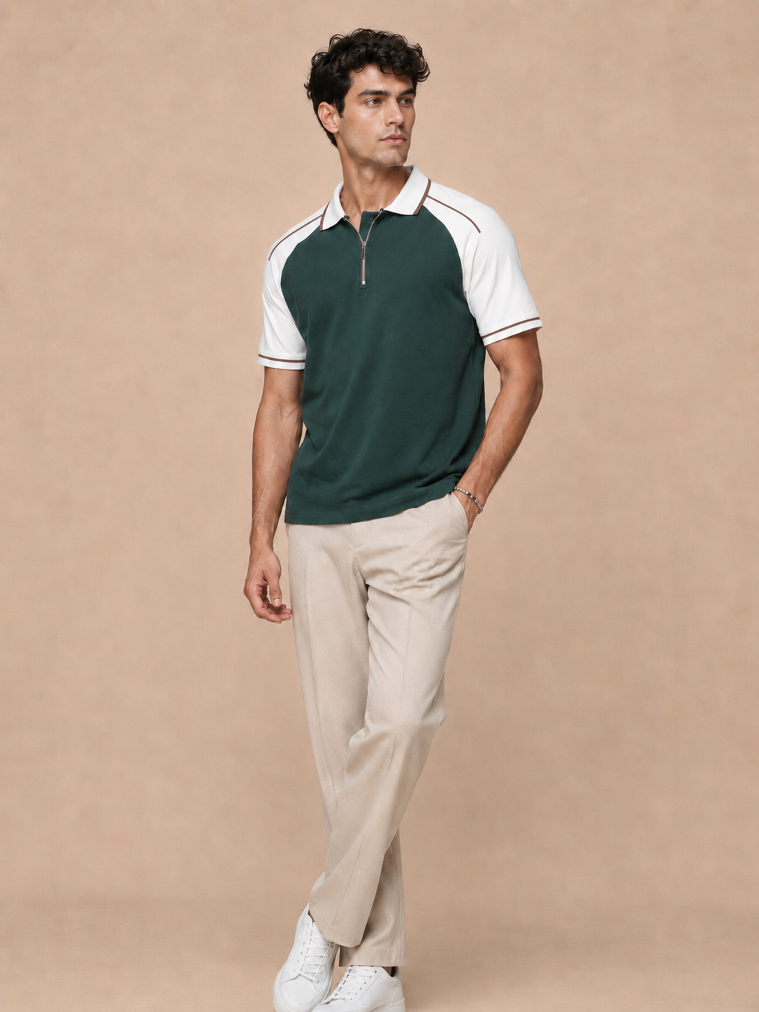 Forest Green Contrast Half-Zip Polo T-Shirt