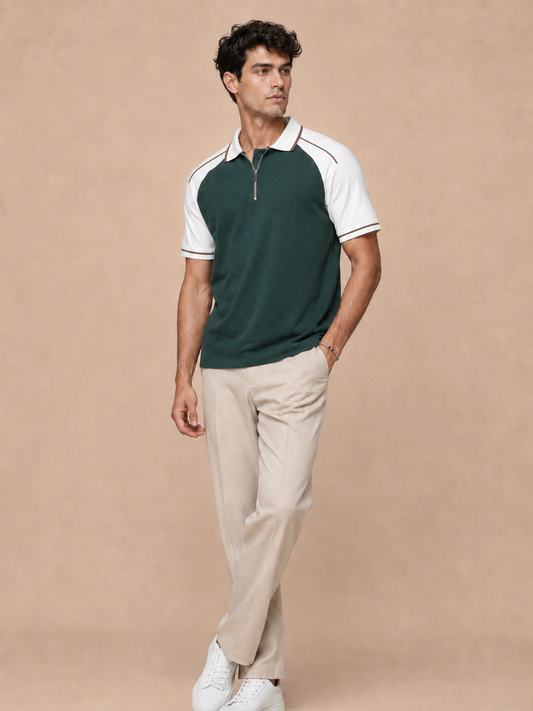 Forest Green Contrast Half-Zip Polo T-Shirt