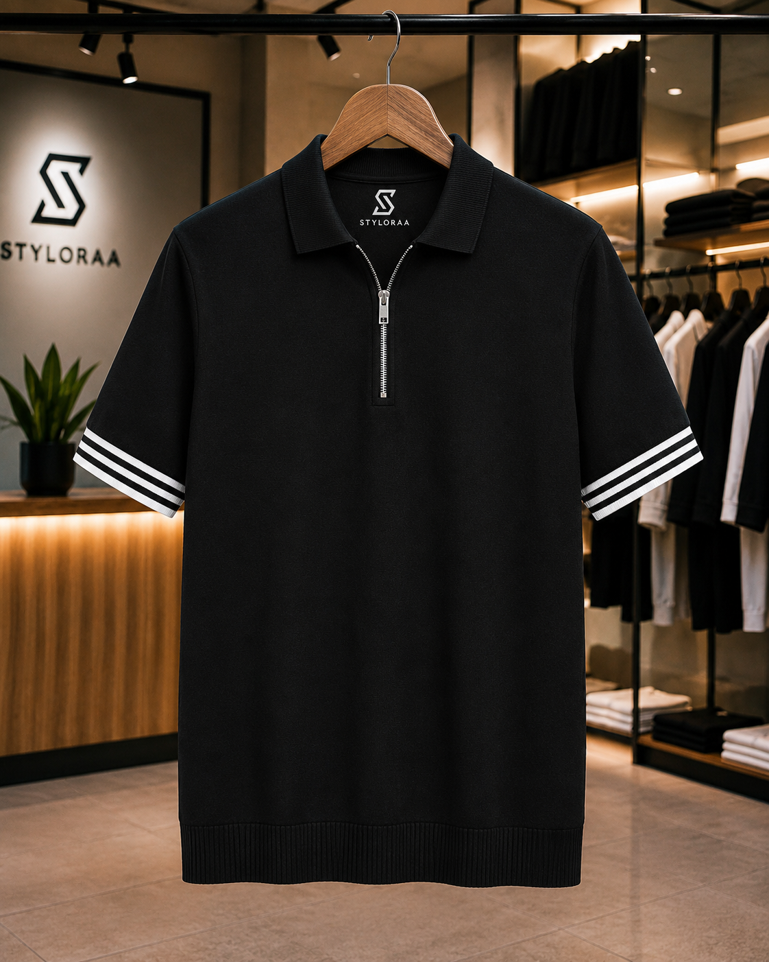 Black Knit Zip Polo T-Shirt