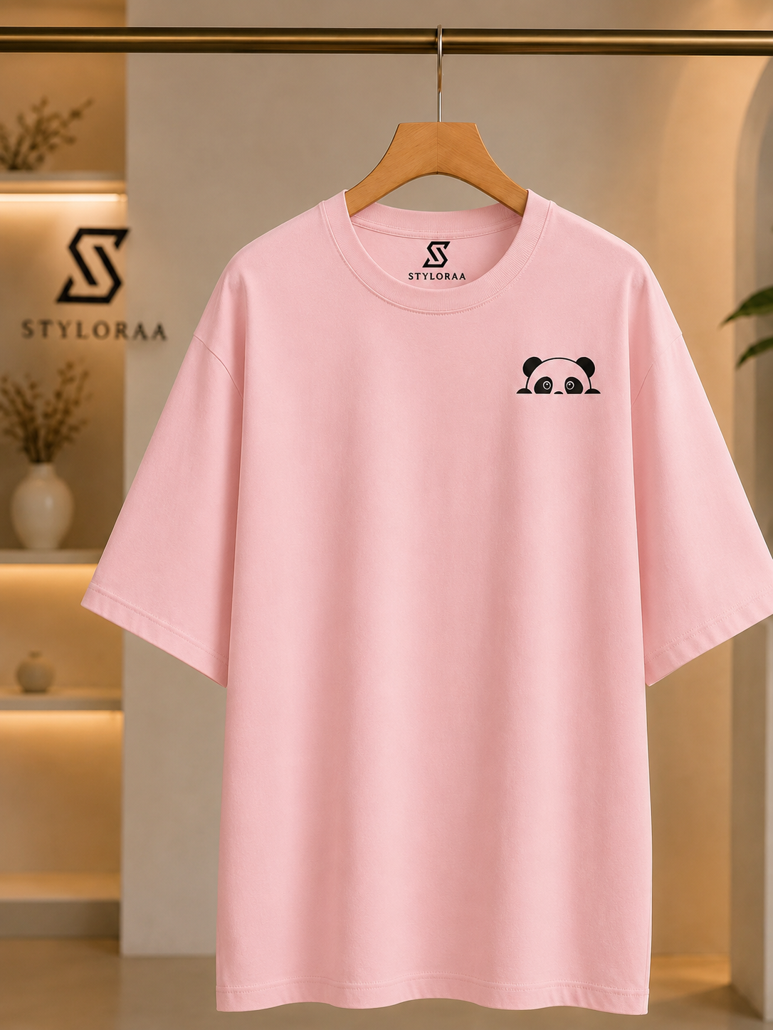 Baby Pink Panda Drop Shoulder T-Shirt