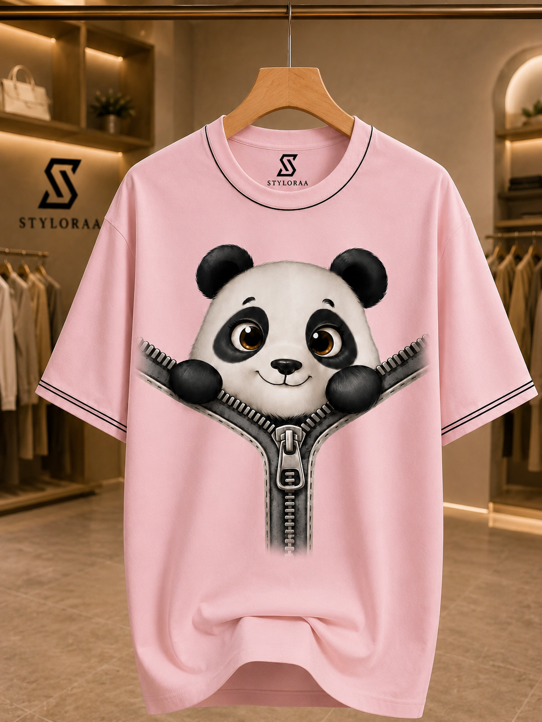 Baby Pink Panda Zipper Oversized T-Shirt