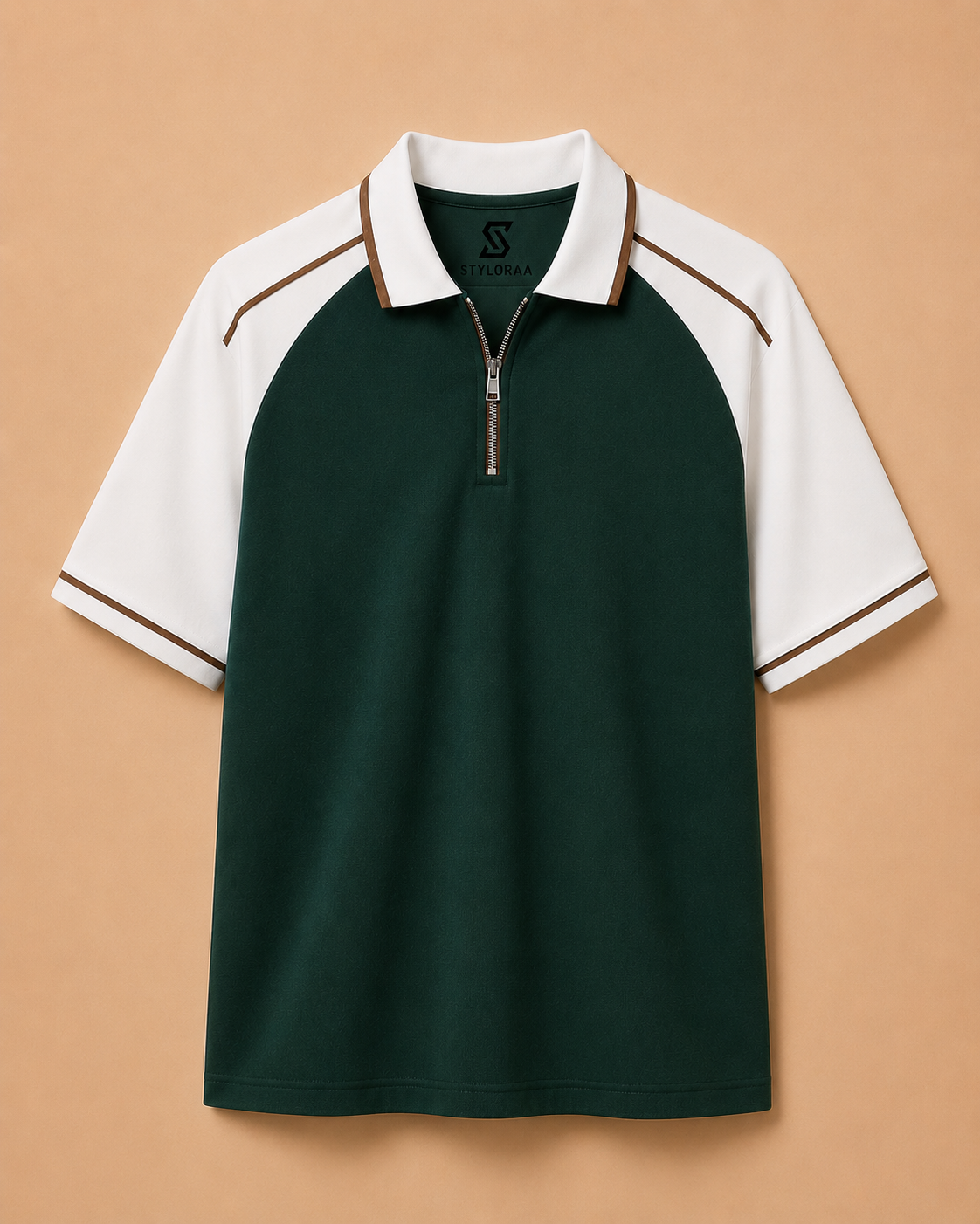 Forest Green Contrast Half-Zip Polo T-Shirt