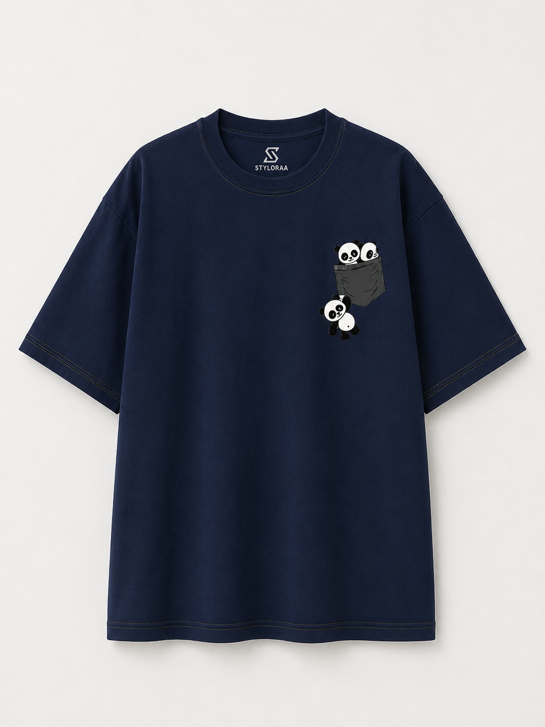Navy Blue Panda Pocket Oversized T-Shirt