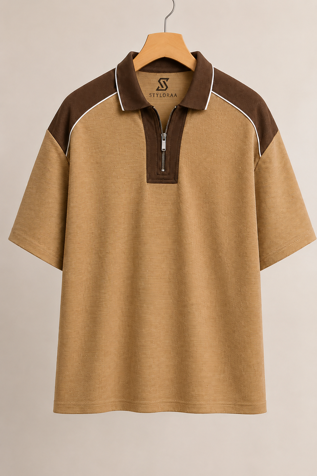 Sand Beige Contrast Half-Zip Oversized Polo T-Shirt