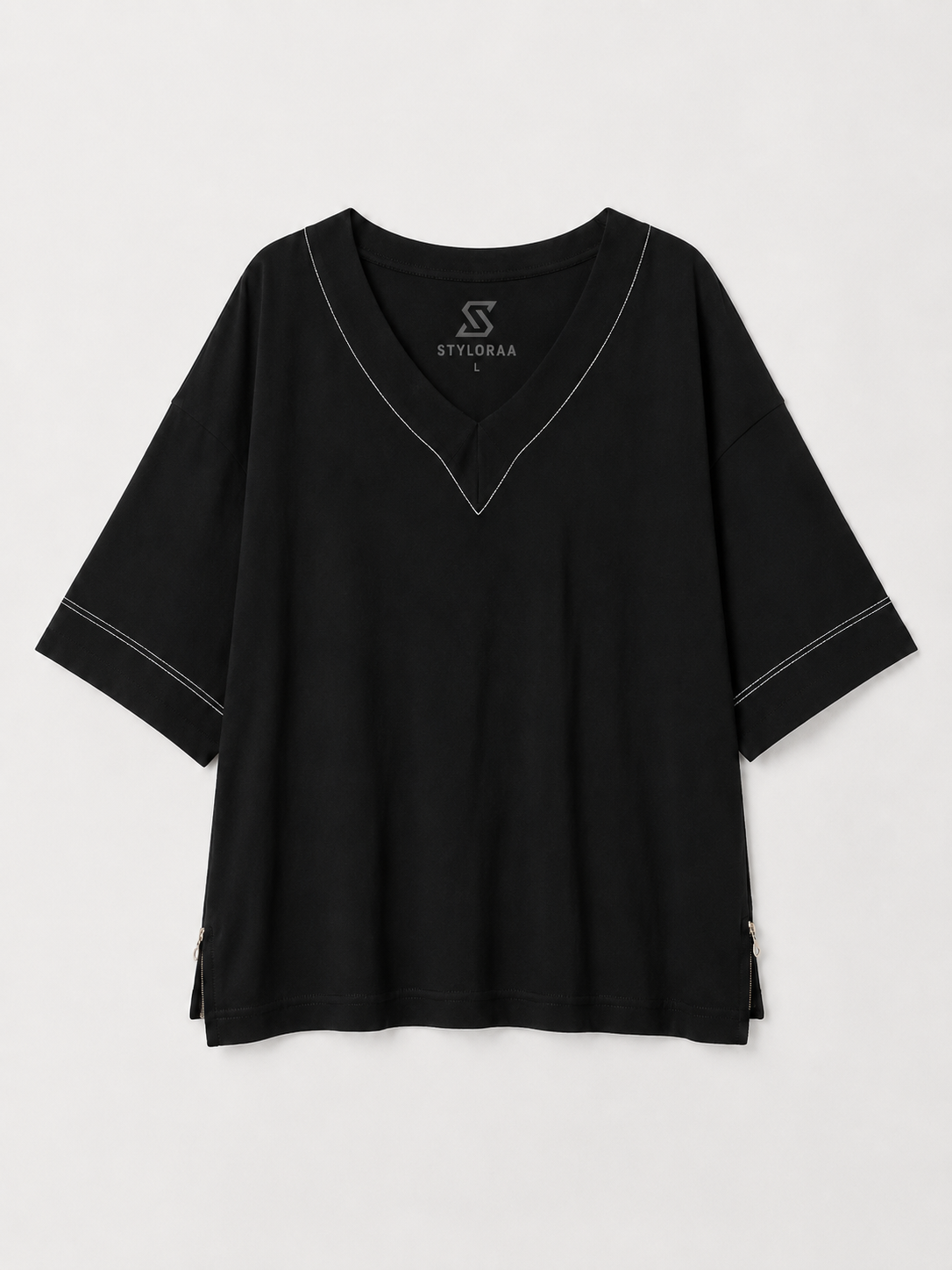 Styloraa Black Oversized V-Neck T-Shirt