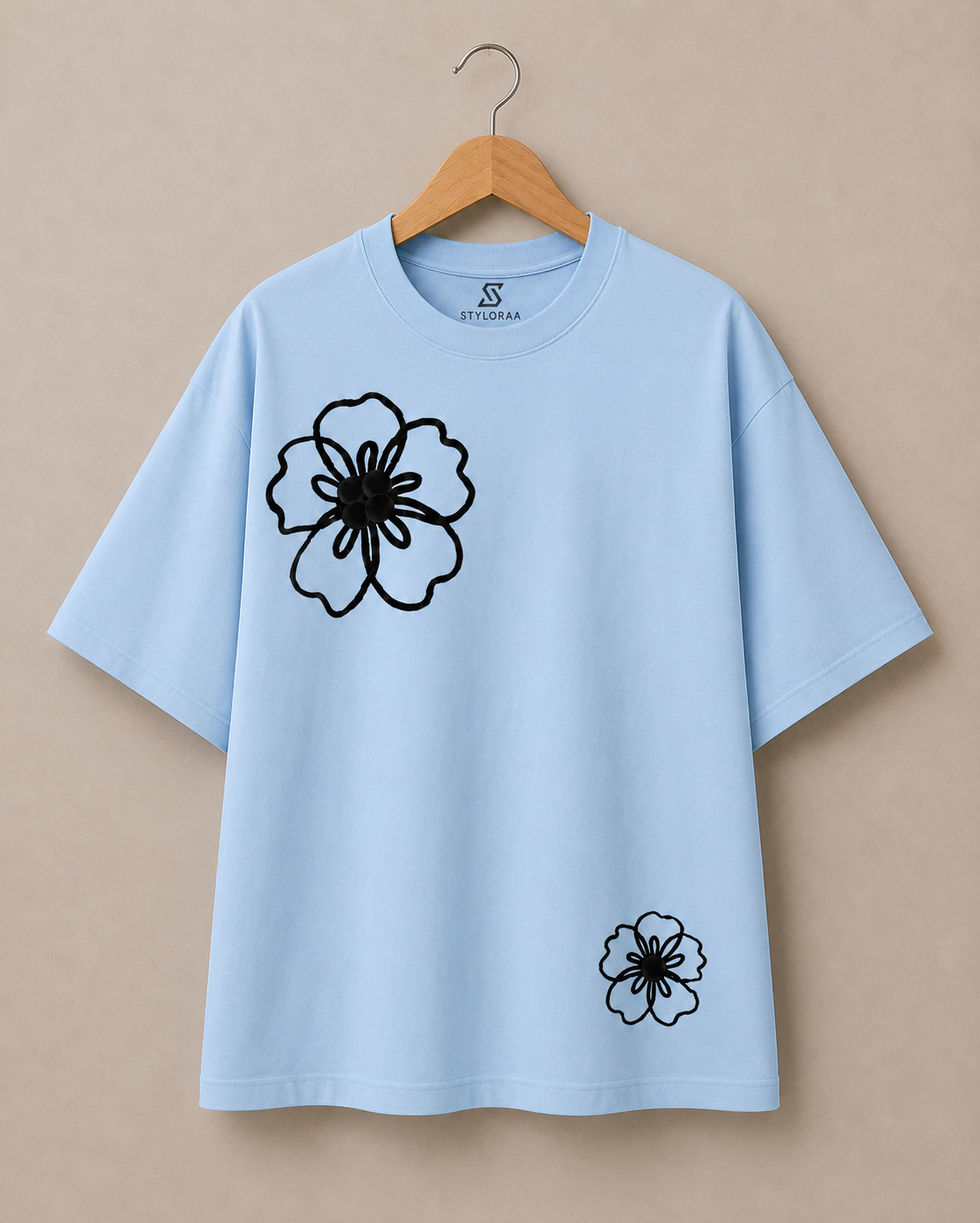 Styloraa Baby Sky Blue Oversized Flower Print T-Shirt