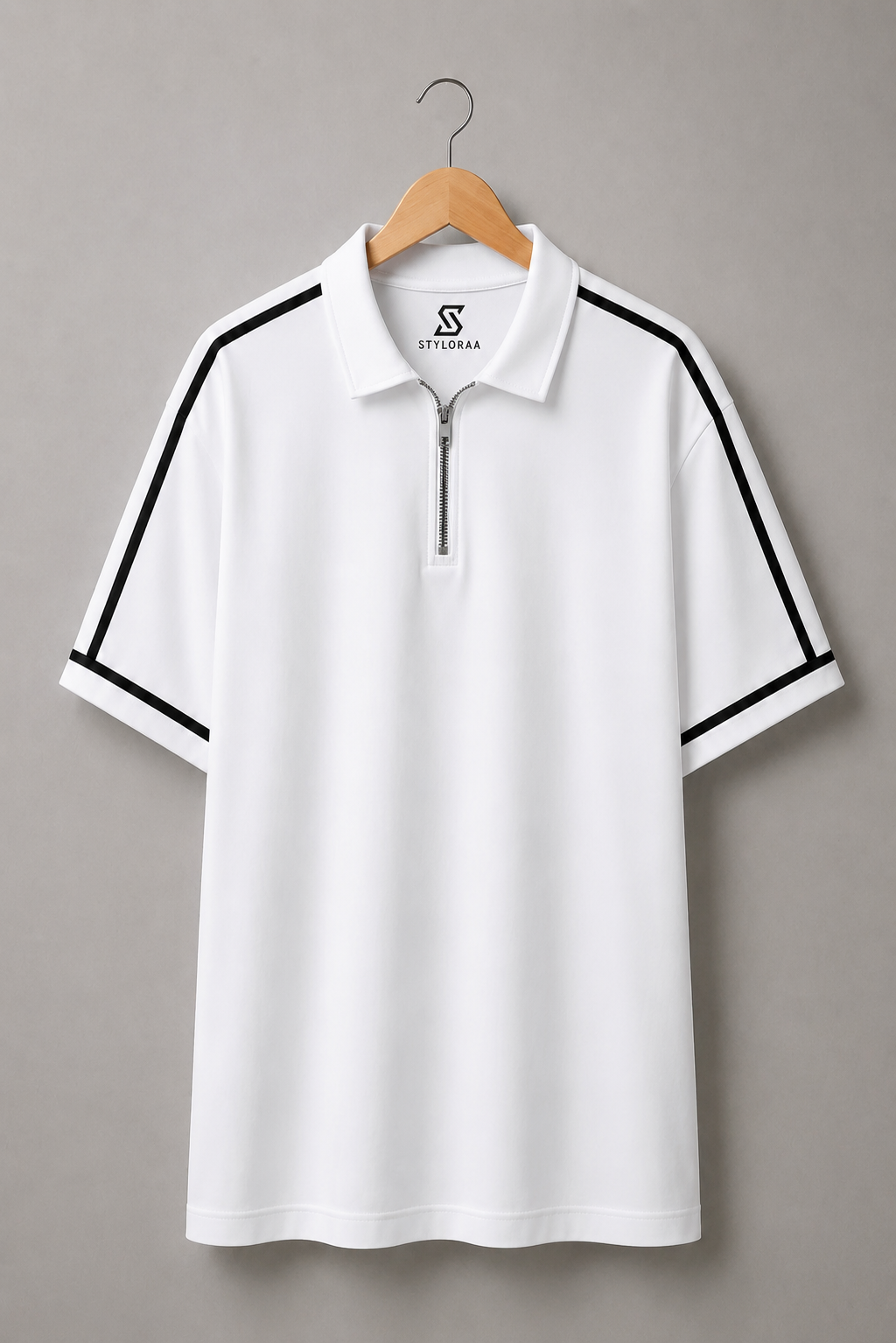 Styloraa White Oversized Half-Zip Polo T-Shirt