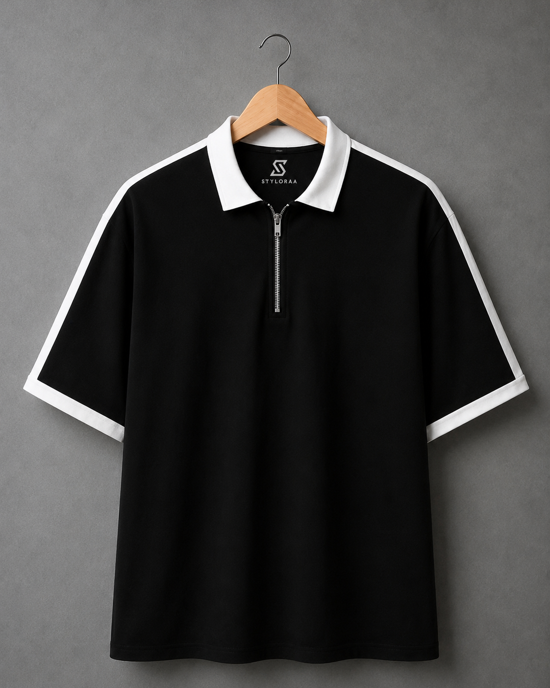 Styloraa Matte Black Oversized Half-Zip Polo T-Shirt