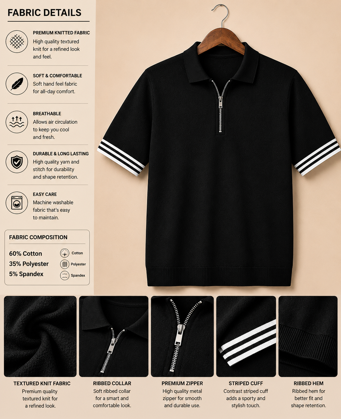 Black Knit Zip Polo T-Shirt