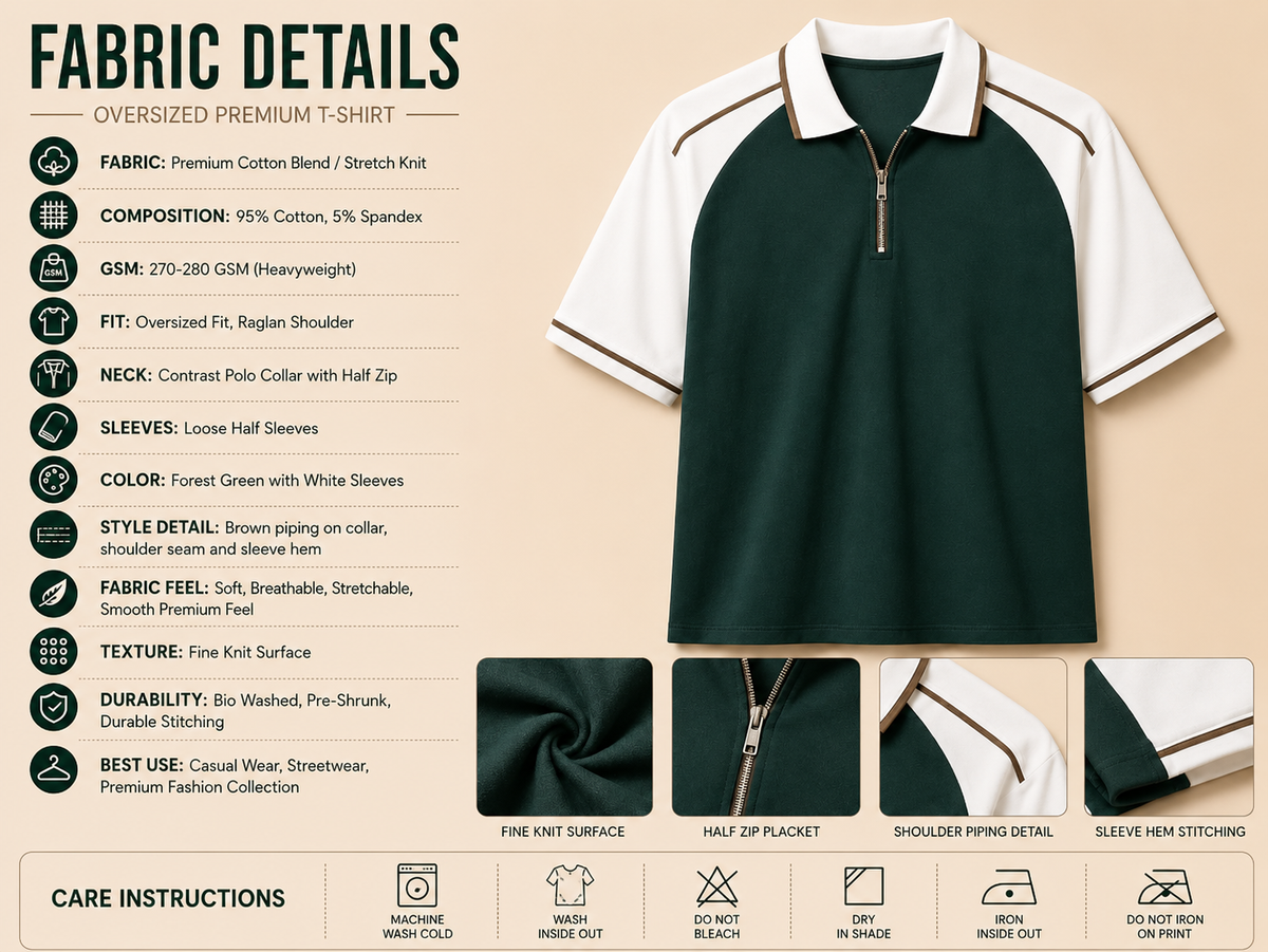 Forest Green Contrast Half-Zip Polo T-Shirt