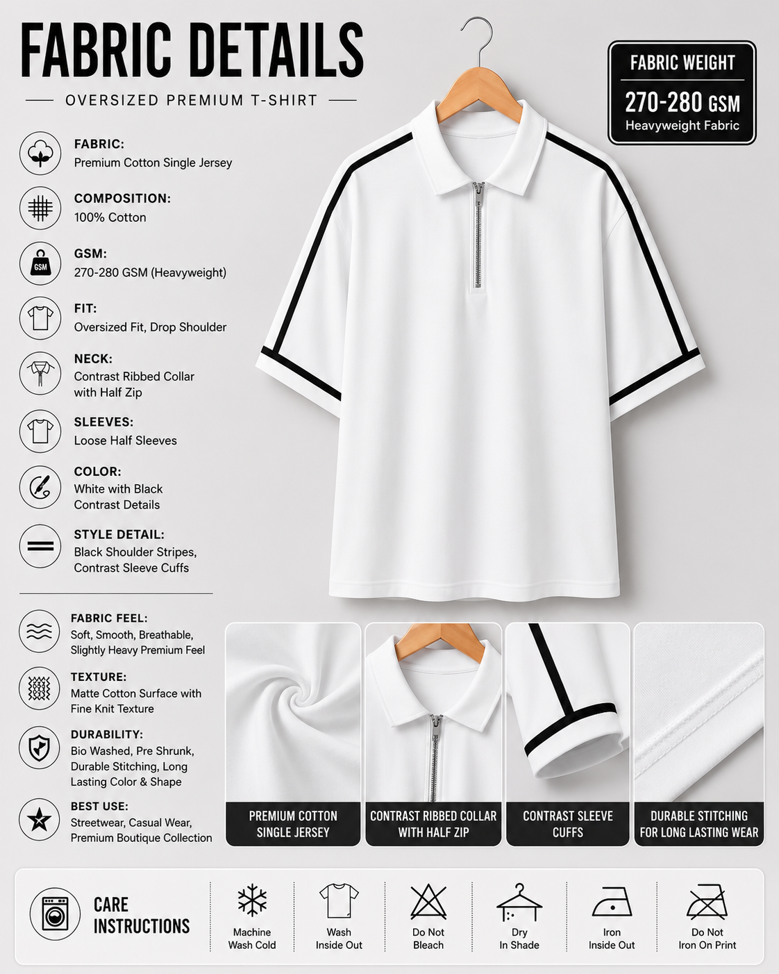Styloraa White Oversized Half-Zip Polo T-Shirt