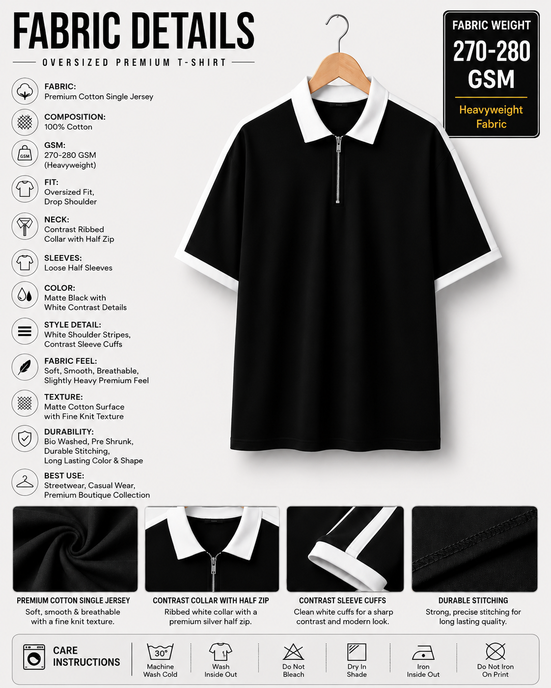 Styloraa Matte Black Oversized Half-Zip Polo T-Shirt
