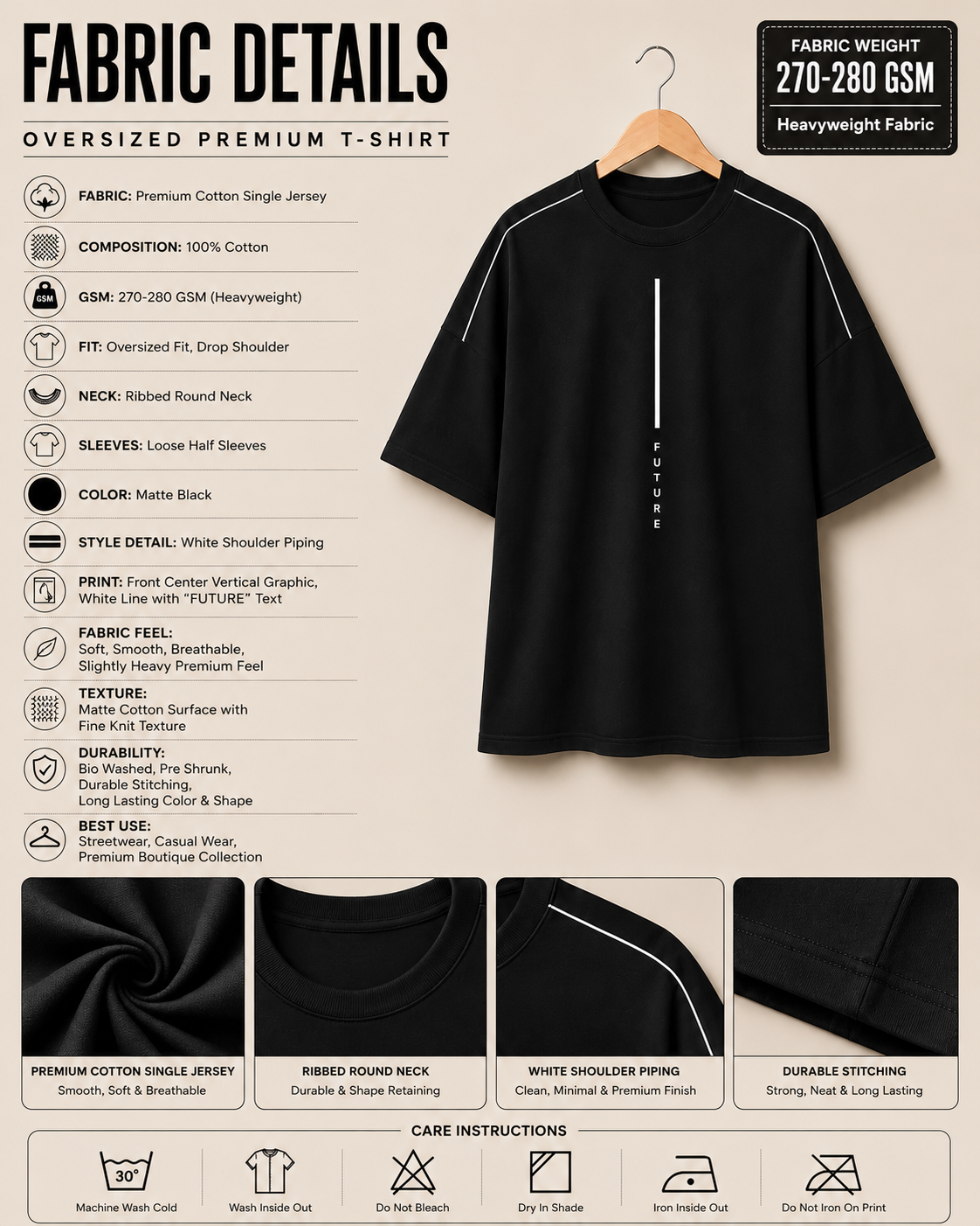 Styloraa Matte Black Oversized Future Line T-Shirt