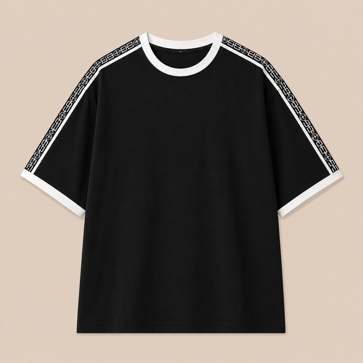 Styloraa Black & White Oversized Tape Shoulder T-Shirt