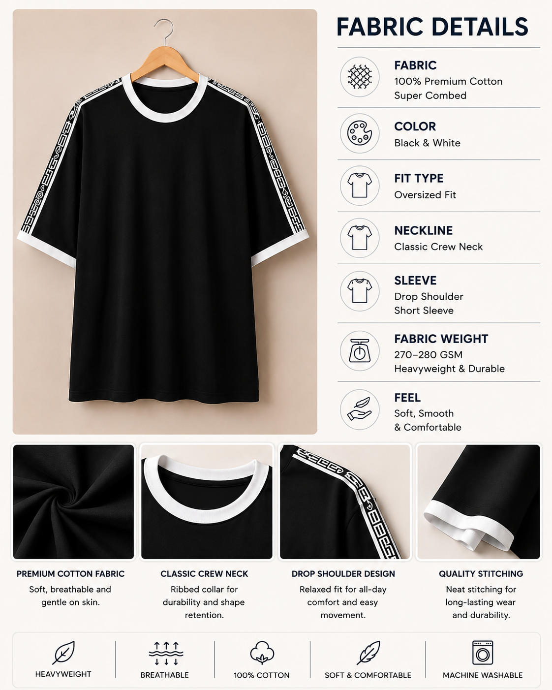 Styloraa Black & White Oversized Tape Shoulder T-Shirt