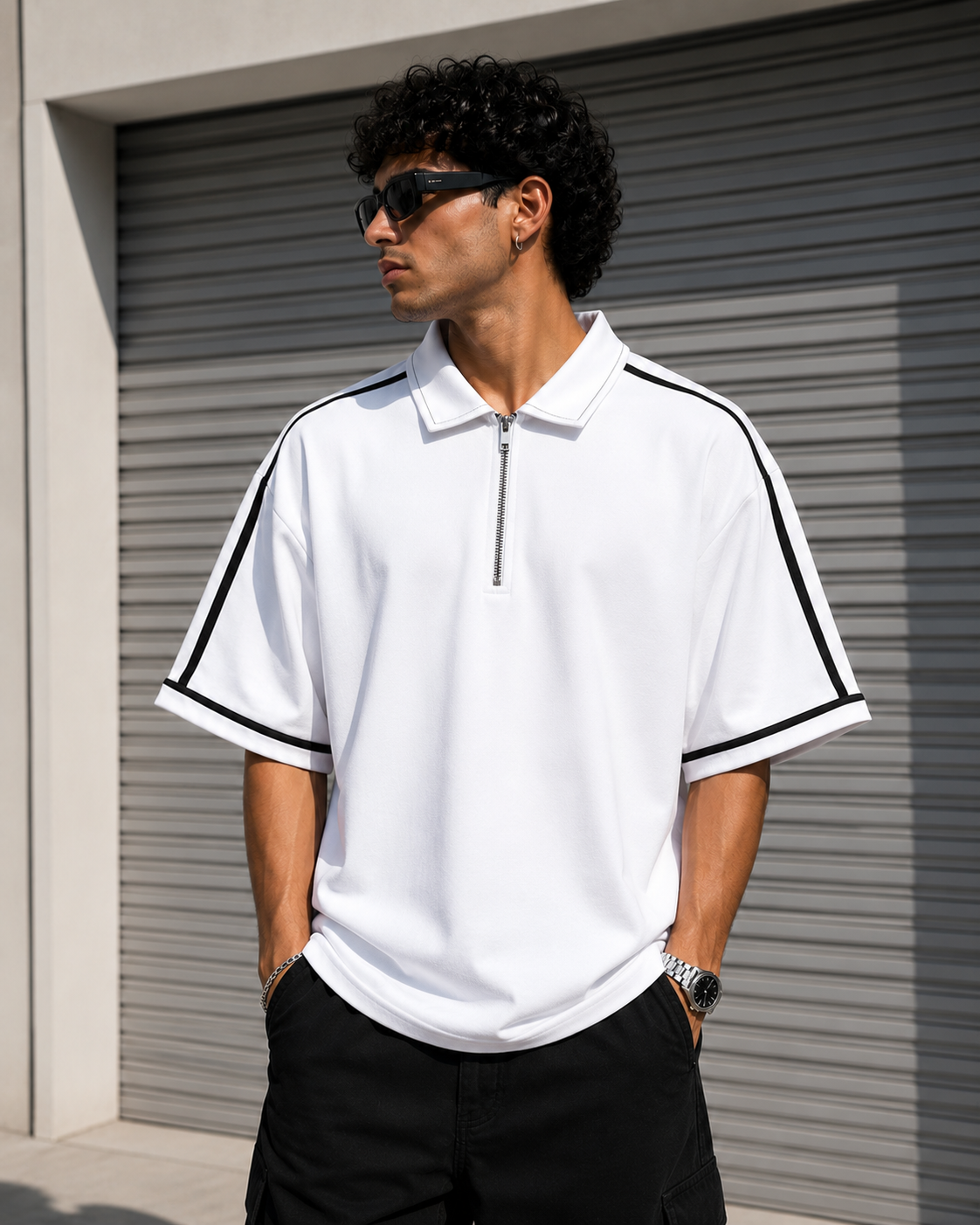 Styloraa White Oversized Half-Zip Polo T-Shirt