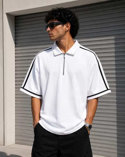 Styloraa White Oversized Half-Zip Polo T-Shirt
