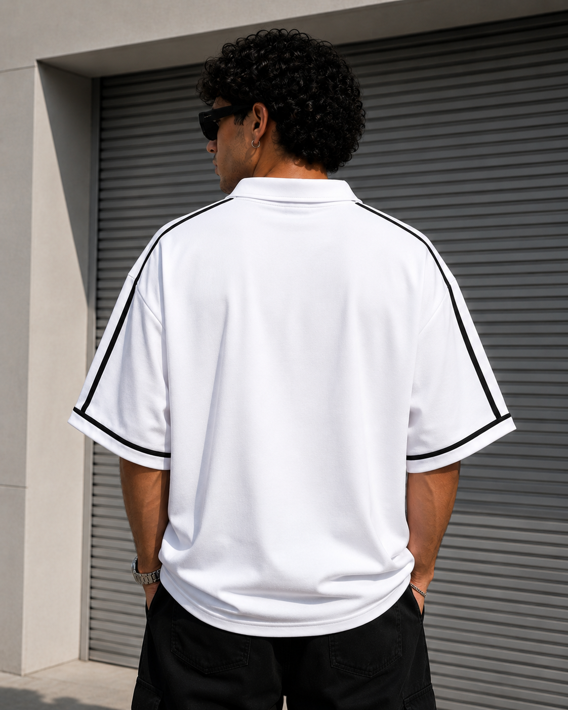 Styloraa White Oversized Half-Zip Polo T-Shirt