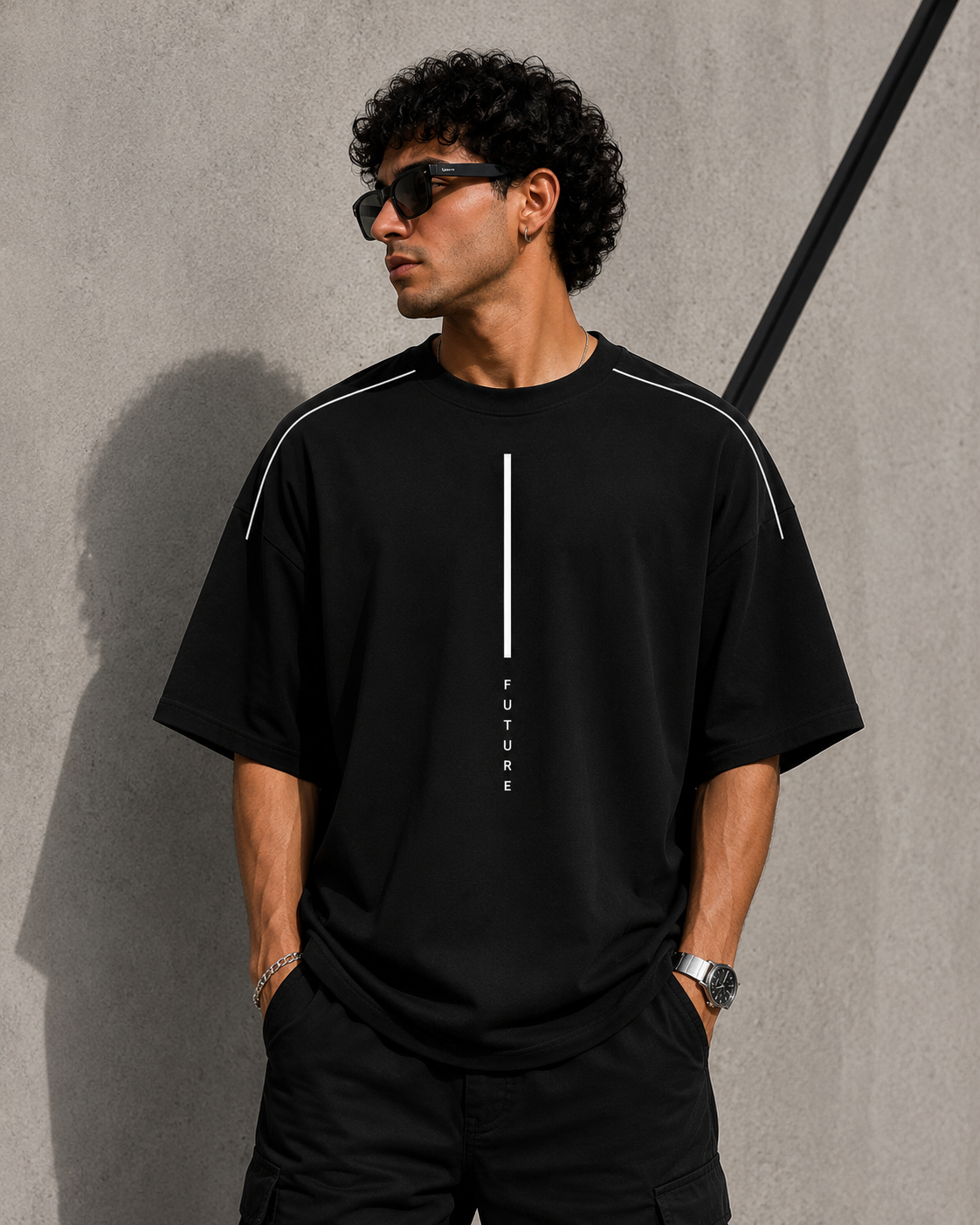 Styloraa Matte Black Oversized Future Line T-Shirt