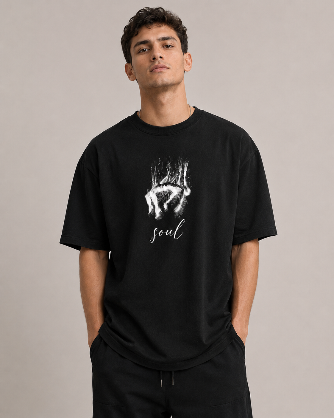 Styloraa Matte Black Oversized Soul Graphic T-Shirt