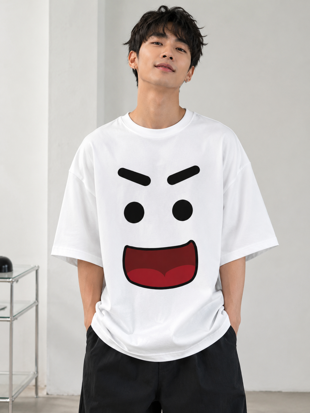 White Smiley Graphic Oversized T-Shirt