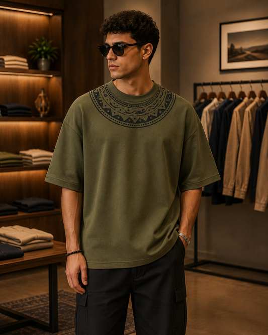 Olive Tribal Oversized T-Shirt