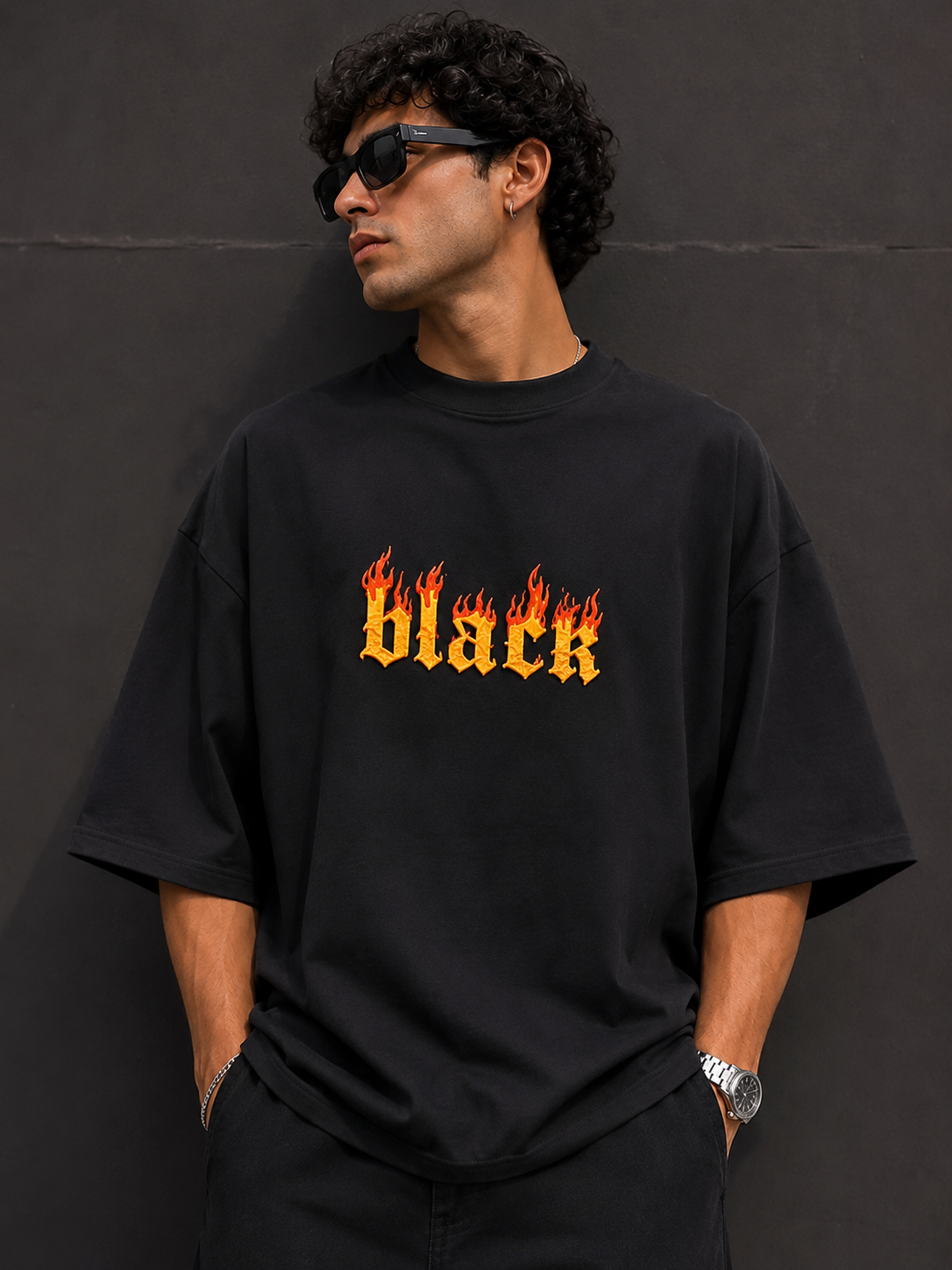 Inferno Black Oversized Puff Print T-Shirt
