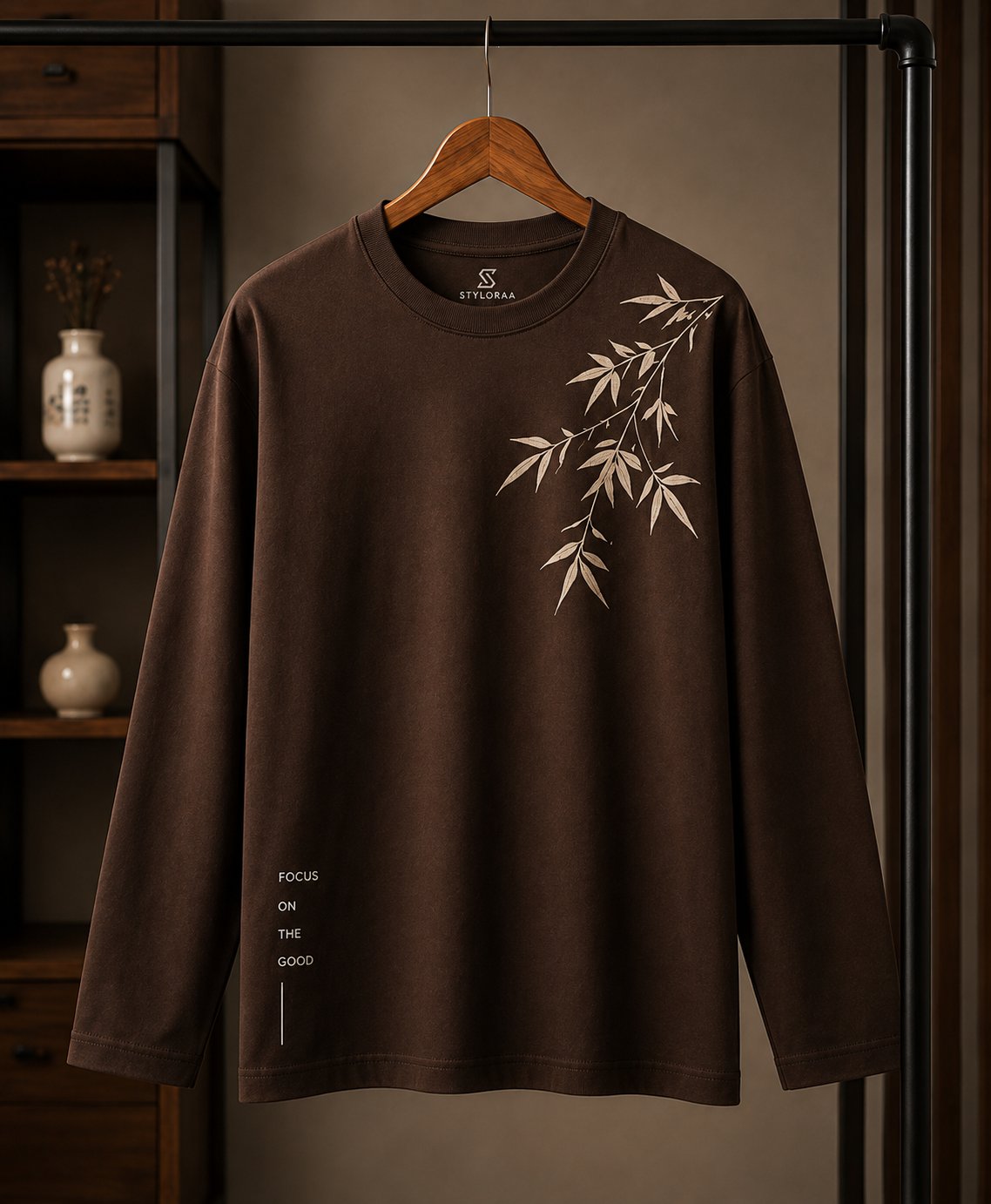 Earthy Brown Bamboo Leaf Minimalist Long Sleeve T-Shirt