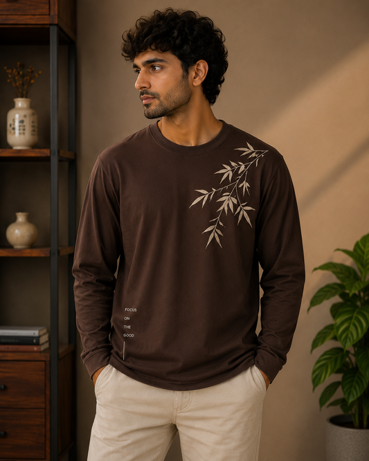Earthy Brown Bamboo Leaf Minimalist Long Sleeve T-Shirt