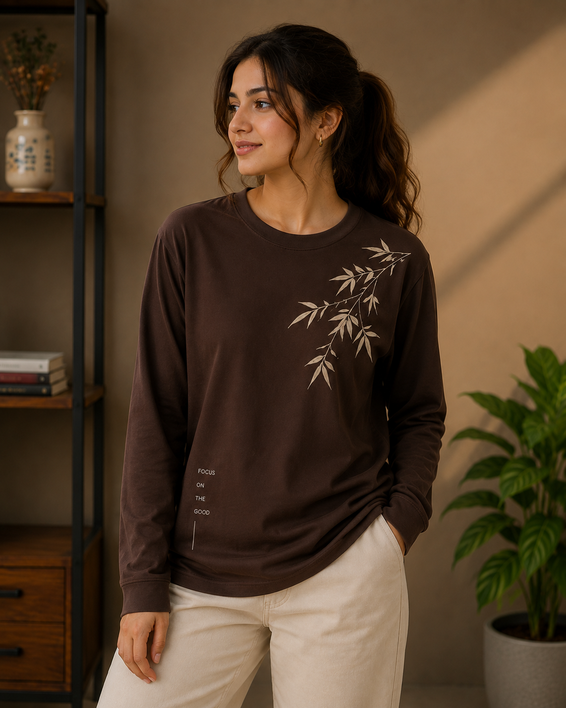 Earthy Brown Bamboo Leaf Minimalist Long Sleeve T-Shirt