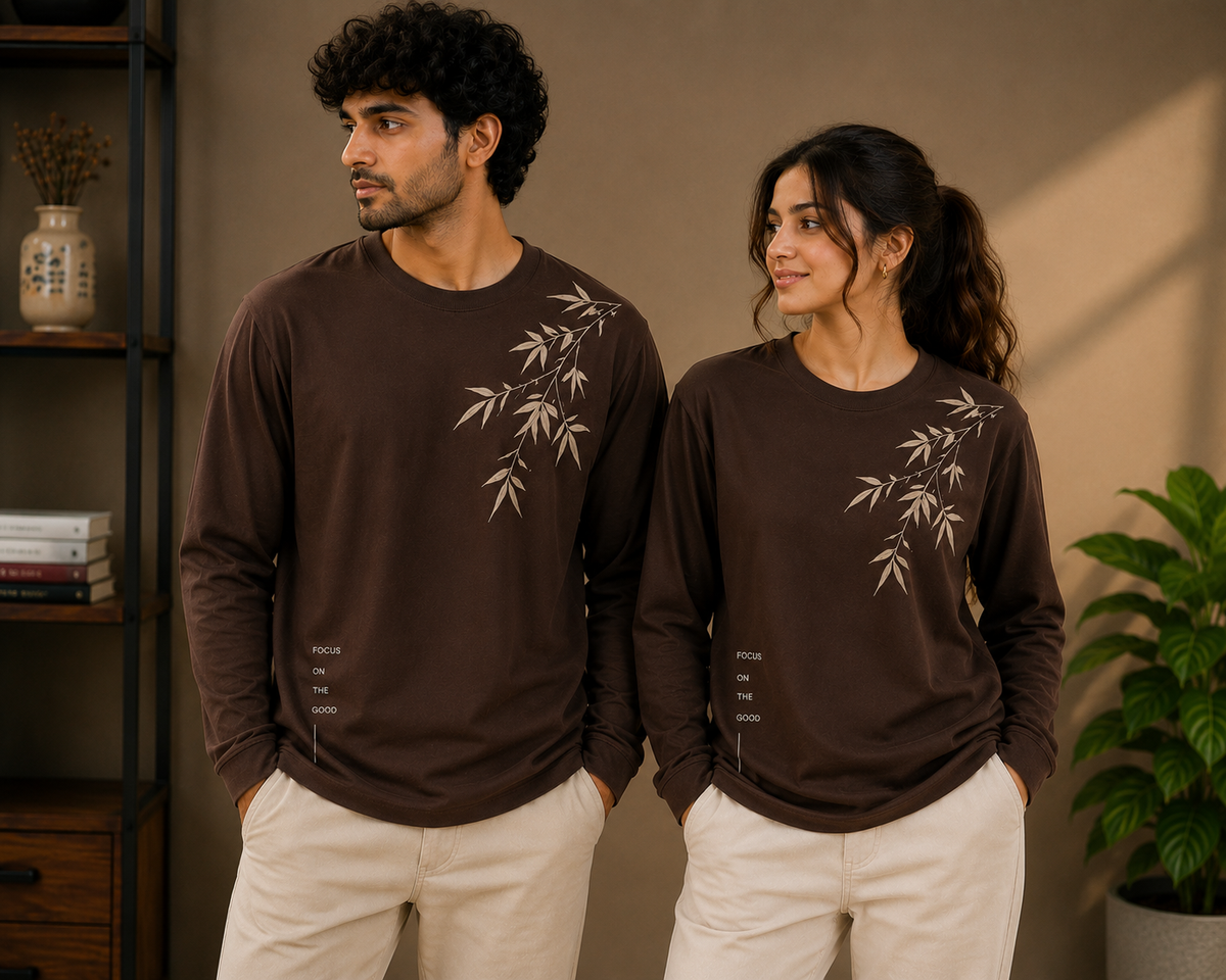 Earthy Brown Bamboo Leaf Minimalist Long Sleeve T-Shirt