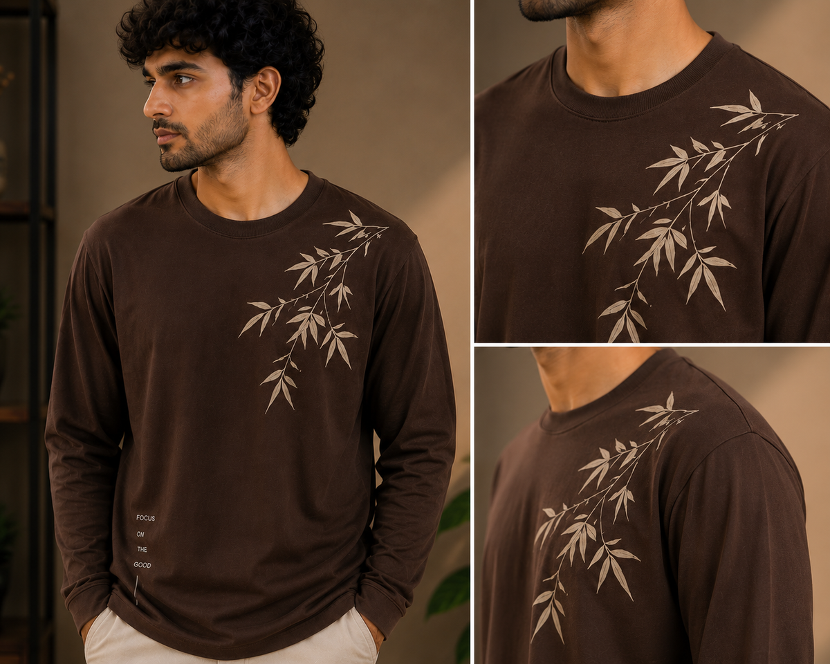 Earthy Brown Bamboo Leaf Minimalist Long Sleeve T-Shirt